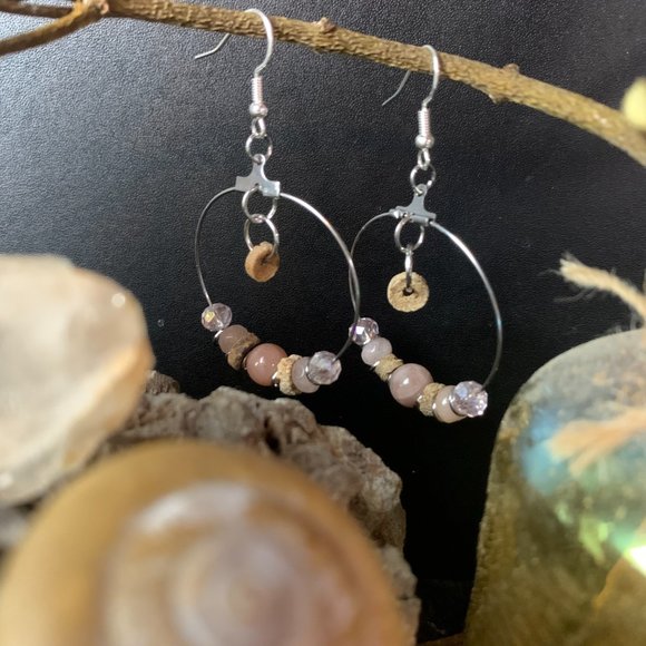 Sun Stone & Crinoid Fossil (Indian Bead) Hoop Earrings - Picture 2 of 4